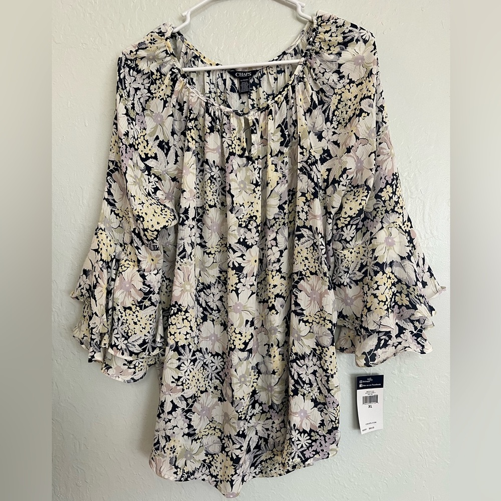 NWT Chaps Floral Blouse with Trumpet Sleeves XL